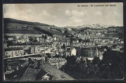 AK St. Gallen, Ortsansicht mit der Kirche St. Leonhard und dem Säntis