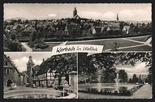 AK Korbach in Waldeck, Stadtansicht und Park mit Springbrunnen