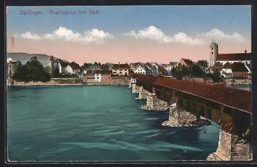 AK Säckingen, Rheinbrücke mit Blick auf den Ort