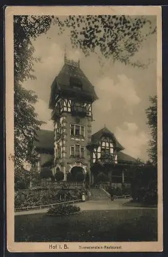 AK Hof i. B., Theresienstein-Restaurant mit Gartenanlage