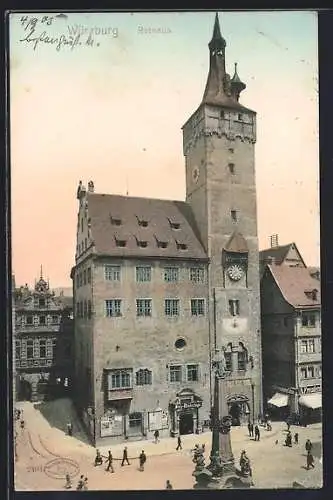 AK Würzburg, Rathaus mit Vorplatz und Passanten