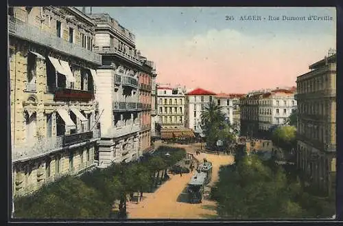 AK Alger, Rue Dumont d`Urville, Strassenpartie mit Strassenbahn