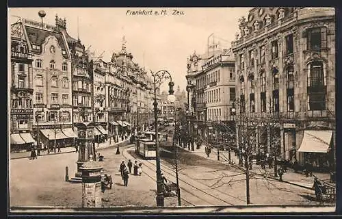AK Frankfurt a. M., Zeil mit Geschäften und Strassenbahn