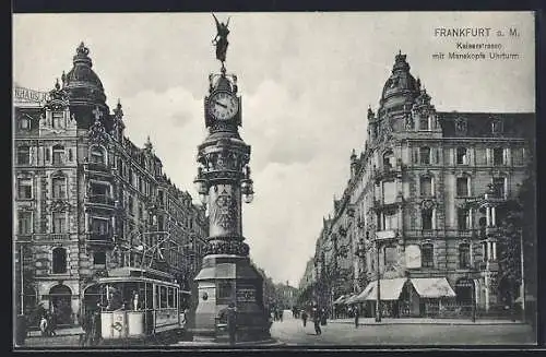 AK Frankfurt a. M., Kaiserstrasse mit Manskopf Uhrturm und Strassenbahn