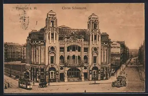 AK Frankfurt a. M., Circus Schumann mit Hauswandwerbung für Hausens Hafer-Kakao und Strassenbahn