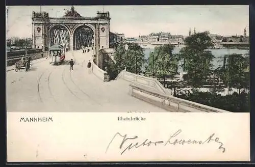 AK Mannheim, Rheinbrücke mit Strassenbahn