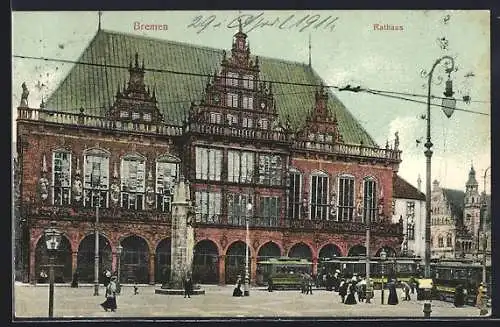 AK Bremen, Rathaus mit Denkmal und Strassenbahn