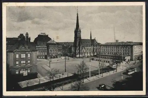AK Chemnitz, Platz mit Hotel Chemnitzer Hof, Opernhaus, St. Petri-Kirche und Strassenbahn
