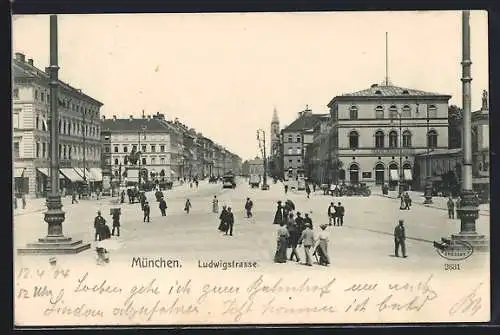 AK München, Ludwigstrasse mit Cafe Putscher und Strassenbahn