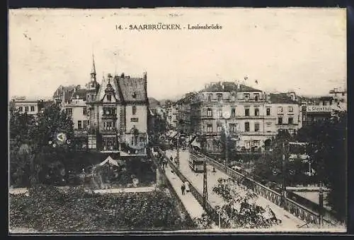 AK Saarbrücken, Louisenbrücke, Strassenbahn