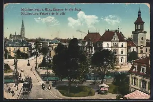 AK Mülhausen i. Els., Eingang in die Stadt mit Strassenbahn