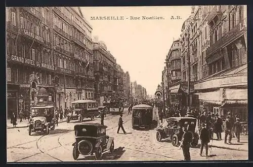 AK Marseille, rue Noailles, Strassenbahn und Grand-Hotel de Marseille