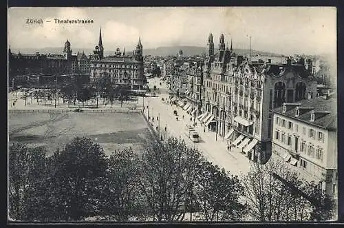 AK Zürich, Strassenbahn in der Theaterstrasse