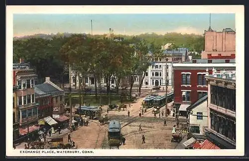 AK Waterbury, Conn., Exchange Place, Strassenbahn