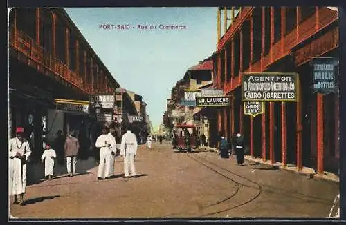 AK Port-Said, Rue du Commerce, Strassenpartie mit Strassenbahn