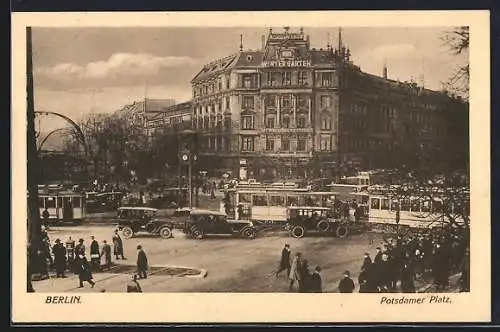 AK Berlin, Potsdamer Platz mit Wintergarten-Variete und Strassenbahn