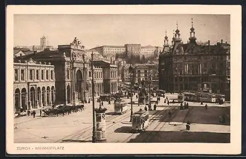 AK Zürich, Bahnhofplatz mit Strassenbahn