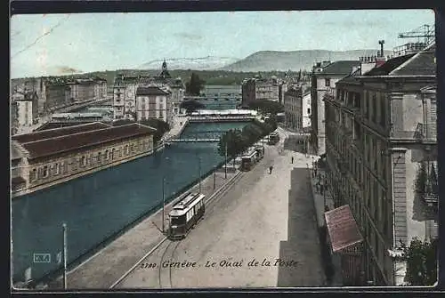 AK Genève, Le Quai de la Poste, Strassenbahn