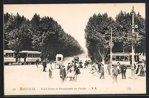 AK Marseille, Rond-Point et Promenade du Prado, Strassenbahnen und Passanten