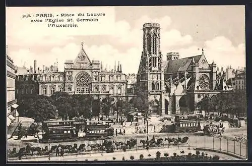 AK Paris, Place du Louvre avec l`Eglise St. Germain l`Auxerrois, Strassenbahn