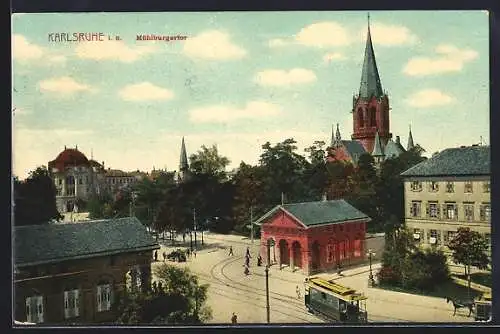 AK Karlsruhe i. B., Mühlburgertor mit Kirche und Strassenbahn