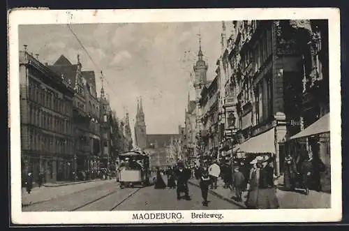 AK Magdeburg, Breiteweg mit Strassenbahn