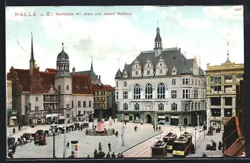 AK Halle a. S., Strassenbahnen auf dem Marktplatz