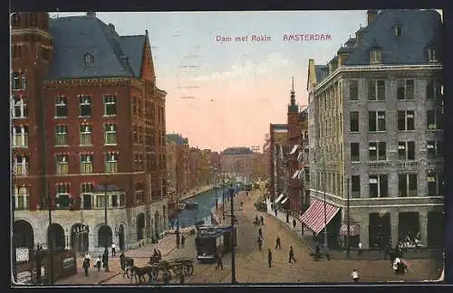 AK Amsterdam, Dam met Rokin, Strassenbahn