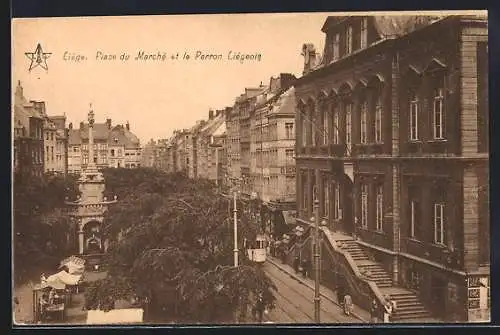 AK Liège, Place du Marché et le Perron Liégeois, Strassenbahn