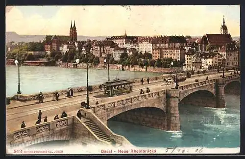 AK Basel, Neue Rheinbrücke mit Strassenbahn und Pferdegespann