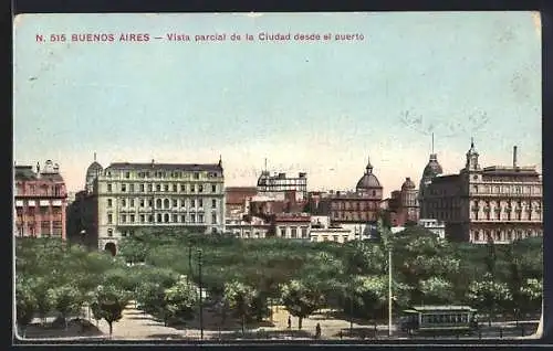 AK Buenos Aires, Vista parcial de la Ciudad desde el puerto, Strassenbahn