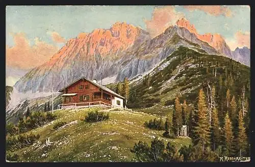 Künstler-AK Rudolf Reschreiter: Hochlandhütte, Blick gegen Wörner