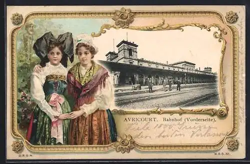Passepartout-Lithographie Avricourt, Bahnhof von der Gleisseite, Französinnen in Tracht