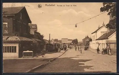 AK Rochefort, Arrivee du tram de Han, Taverne Biron und Strassenbahn