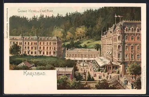Lithographie Karlsbad, Grand Hotel und Café Pupp
