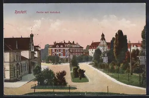 AK Rastatt, Ortspartie mit Bahnhof