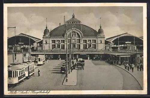 AK Halle a. S., Hauptbahnhof mit Strassenbahnen