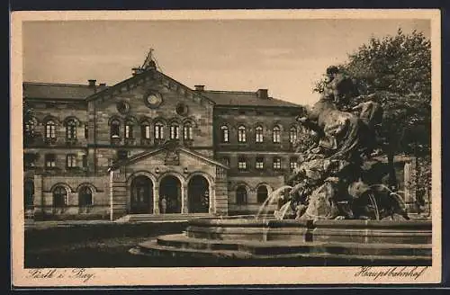 AK Fürth i. Bay., Hauptbahnhof mit Brunnen
