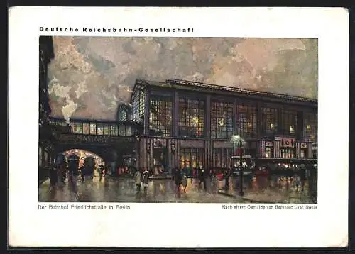 Künstler-AK Berlin, Regentag am Bahnhof Friedrichstrasse