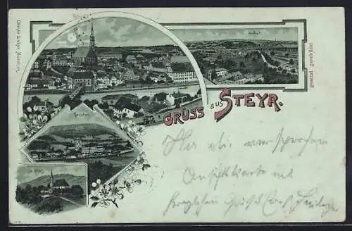 Mondschein-Lithographie Steyr, Teilansicht, Neulust, Gersten