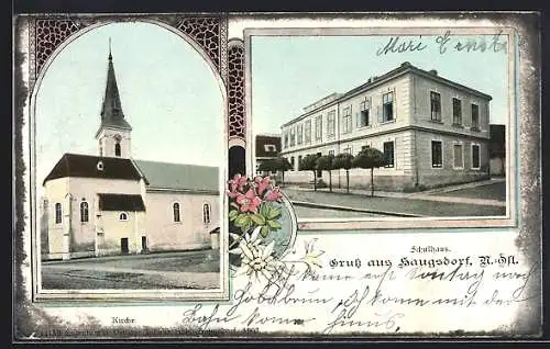 AK Haugsdorf /N.-Öst., Kirche, Schulhaus