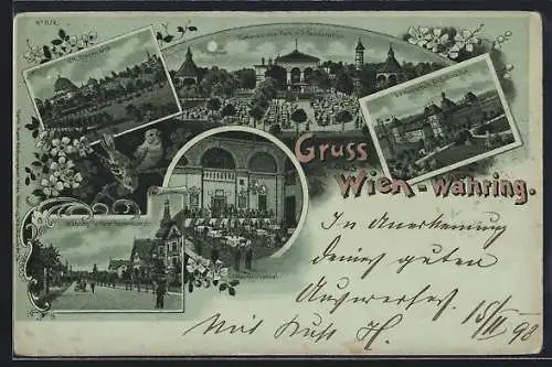 Mondschein-Lithographie Wien-Währing, Türkenschanz-Park mit Restaurant, Inneres Restaurantssaal