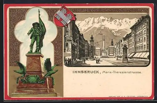 Passepartout-Lithographie Innsbruck, Maria-Theresienstrasse, Hofer-Denkmal, Stadt-Wappen
