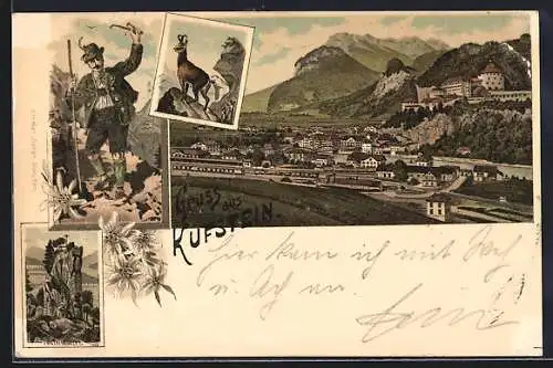 Lithographie Kufstein, Blick auf den Ort, Gemse, Teufelskanzel, Bergsteiger