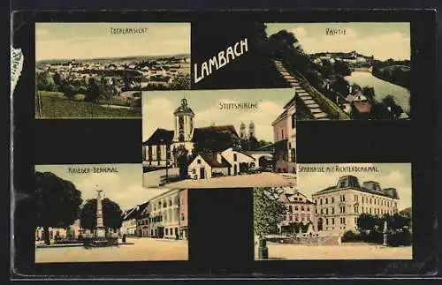 AK Lambach /O.-Oe., Sparkasse mit Richterdenkmal, Stiftskirche, Krieger-Denkmal