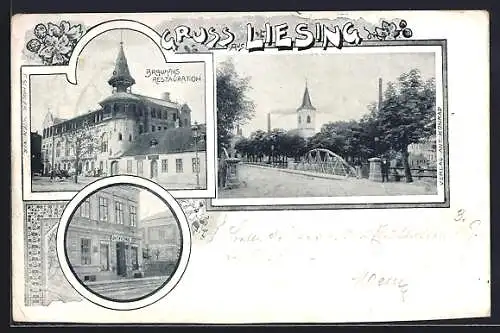 AK Wien-Liesing, Brauhaus-Restaurant, Strassenpartie mit Brücke