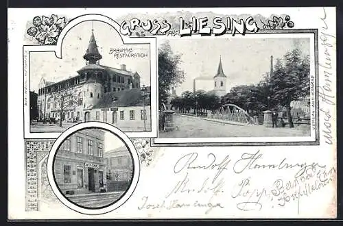 AK Wien-Liesing, Brauhaus-Restaurant, Strassenpartie an der Brücke