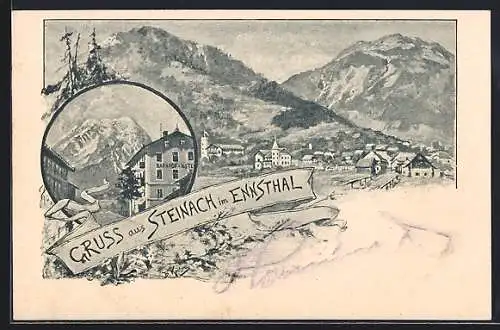 Künstler-AK Steinach im Ennsthal, Teilansicht mit Bahnhof-Hotel, Ortsansicht