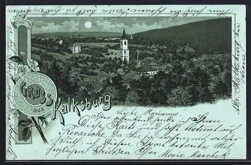 Mondschein-Lithographie Kalksburg, Ortspartie mit Kirche