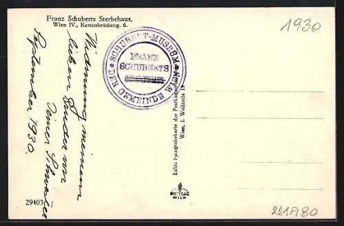 AK Wien, Franz Schuberts Sterbehaus, Kettenbrückeng. 6